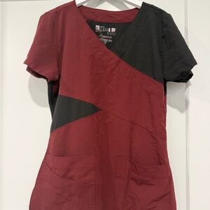 Grey's Anatomy V-Neck Two-Tone Scrub Top in Burgundy and Black